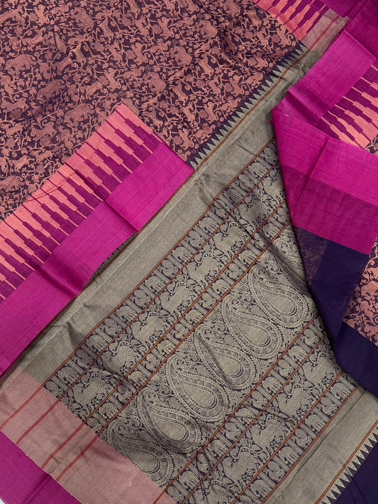 Pure Handloom Kanchi rich Cotton Saree | vanasingaram | pink x dark jamun