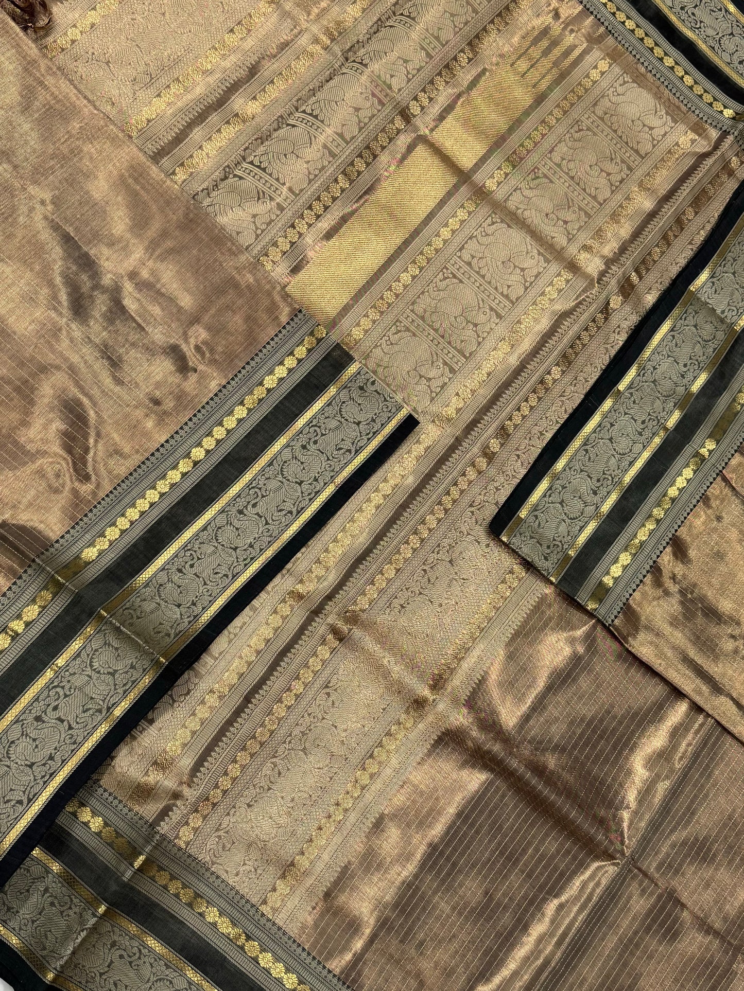 Kanchi Tissue Silk Cotton Sarees | vairaoosi X threads | gold X greyish black | NKV100