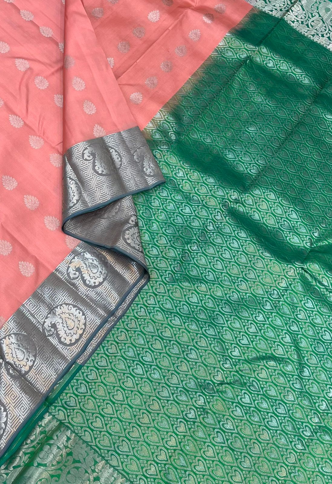 Pure Kanjivarams | pastel peach x green | silver zari border