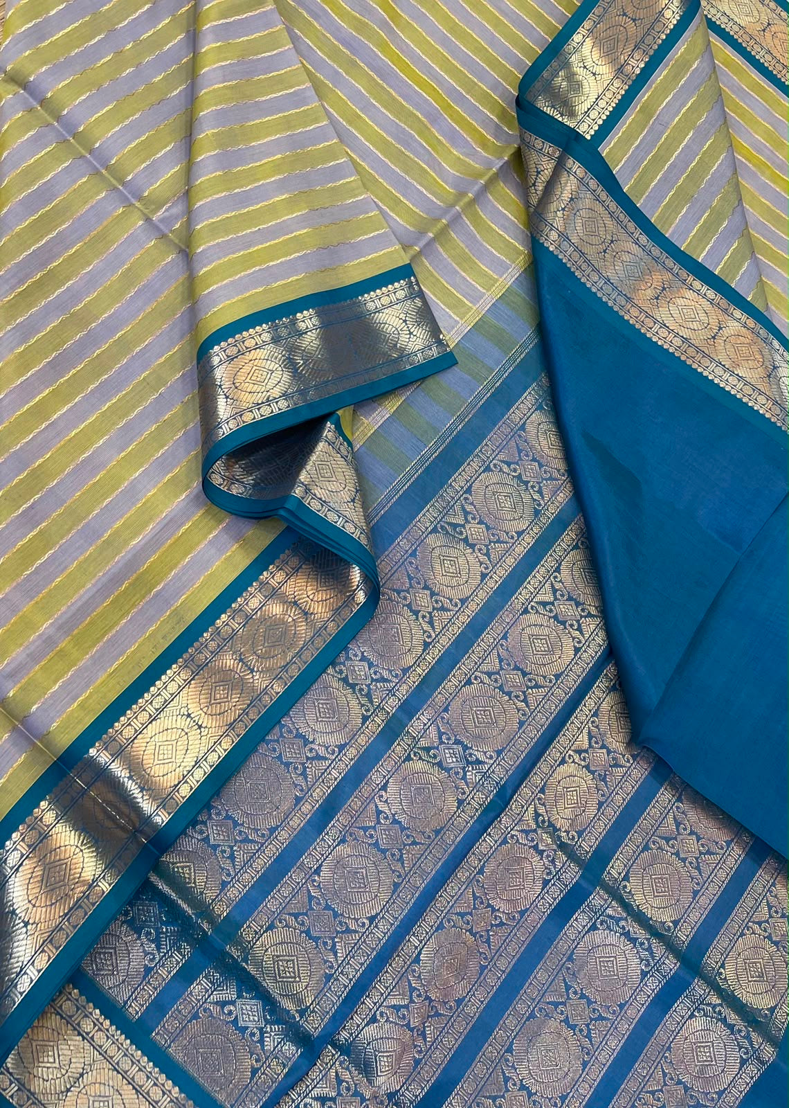 Kanchi Silk Cotton Sarees | rich zari border x Neil veldhari | pastel lavender & green X sky blue