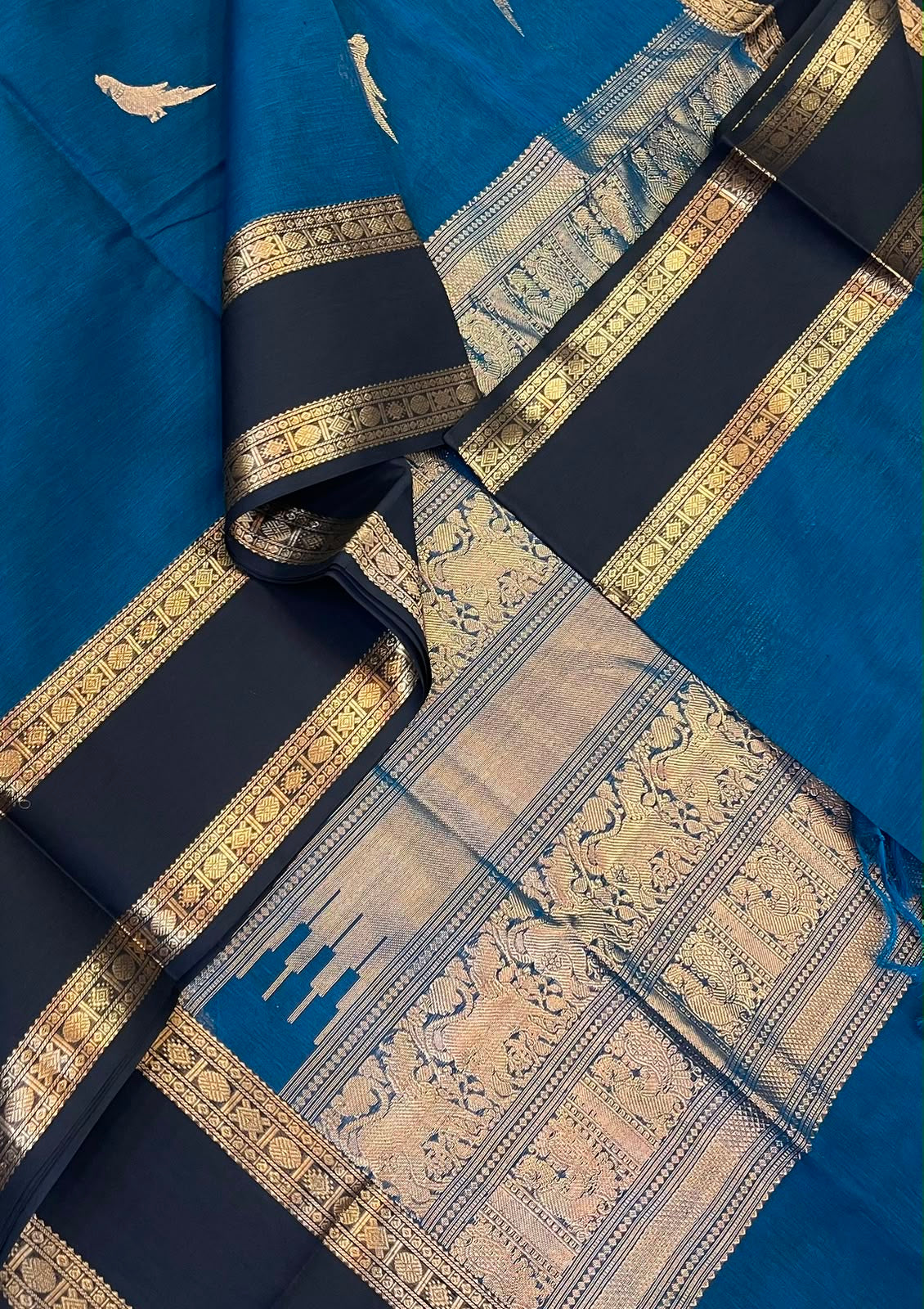 Kanchi Silk Cotton Sarees | luxury silk cotton | rich zari border X killi motif| royal blue x black