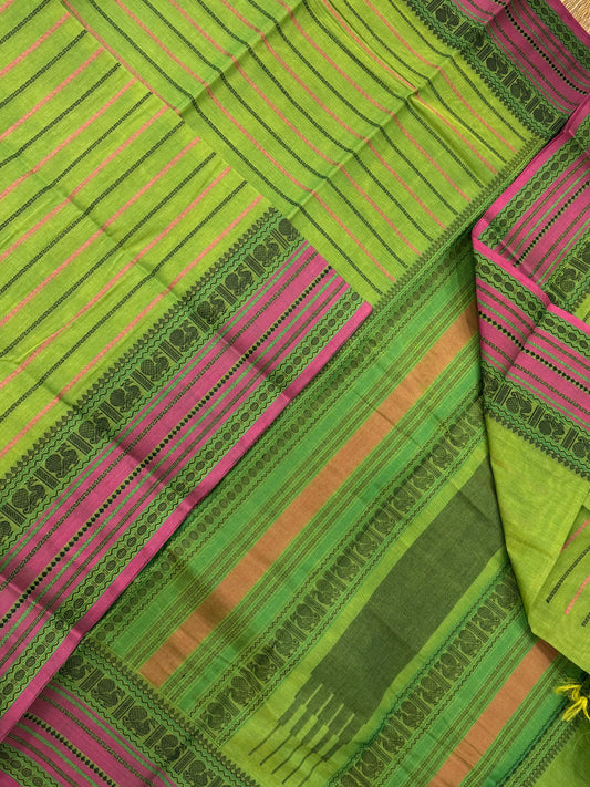 Pure Handloom Kanchi rich Cotton Saree | green X pink | intericate thread weave x veldhari