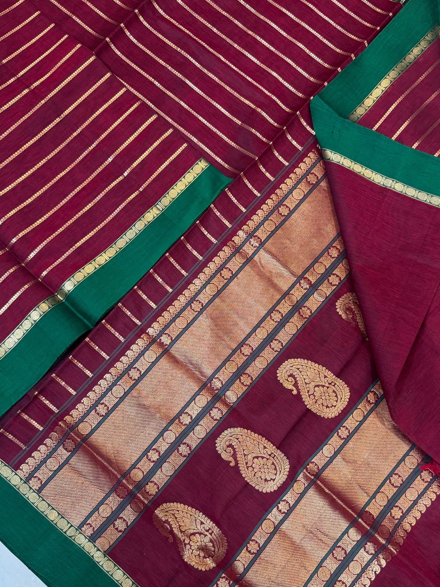 Kanchi Silk Cotton Sarees | zari veldhari X mango pallu |marron X green