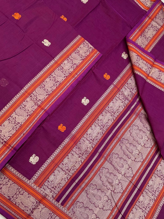 Pure Handloom Kanchi rich Cotton Saree | thread woven mayil X mayil border |magentha X orange
