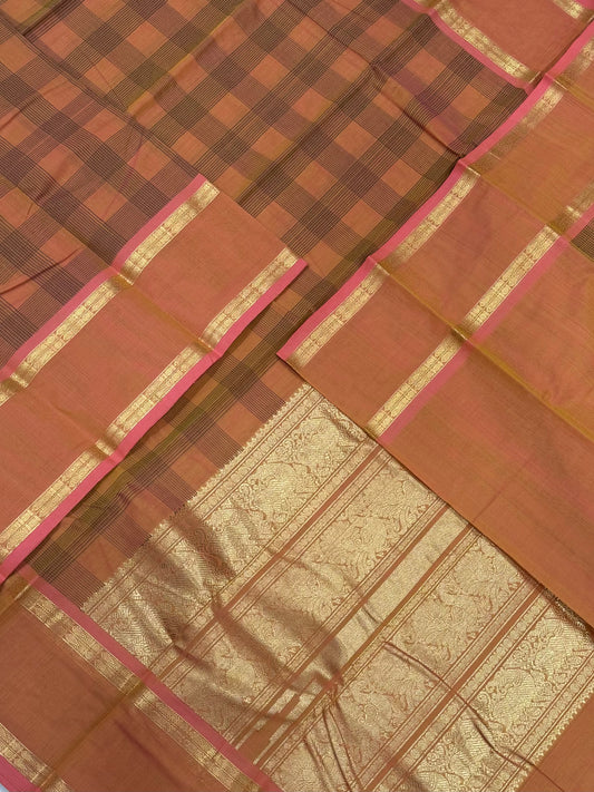 Pure Handloom Kanchi rich Cotton Saree | 2x2 kattam X rettaipet Zari border| two tone orange