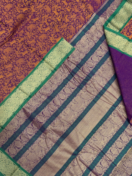 Pure Handloom Kanchi rich Cotton Saree | vanasingaram | violet x mustard X green