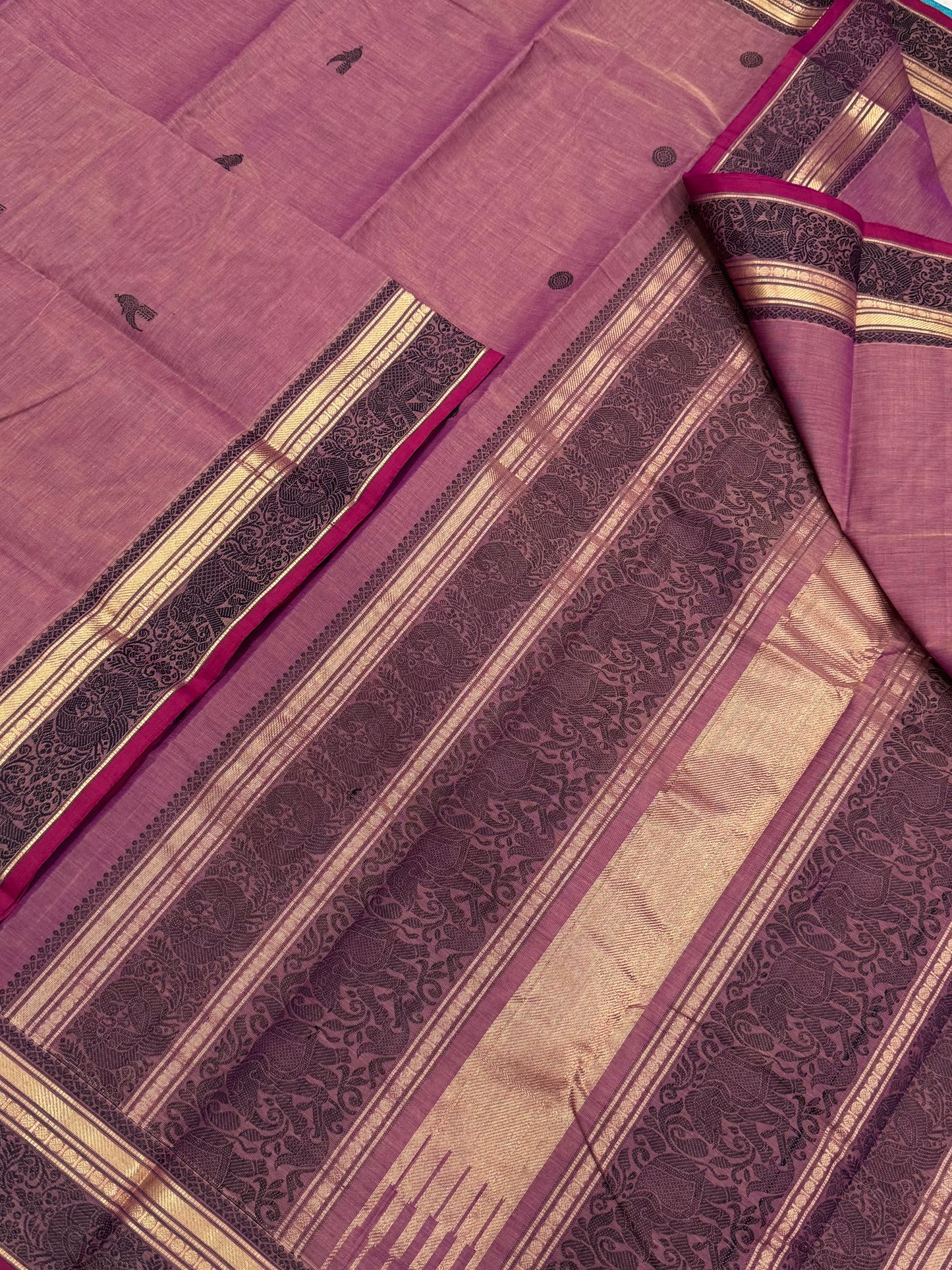 Pure Handloom Kanchi rich Cotton Saree | pastel pink X thread border| killi motif
