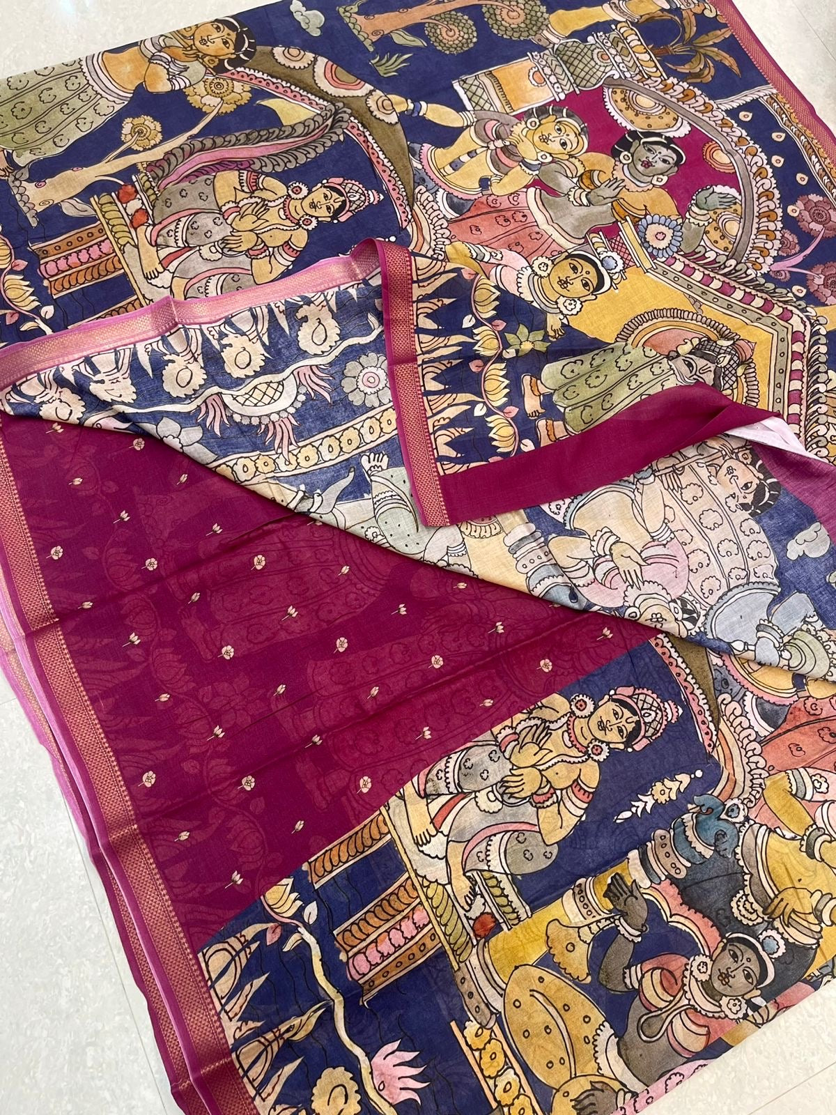 Ponduru feather soft cotton | vishnu story telling saree | blue x pink