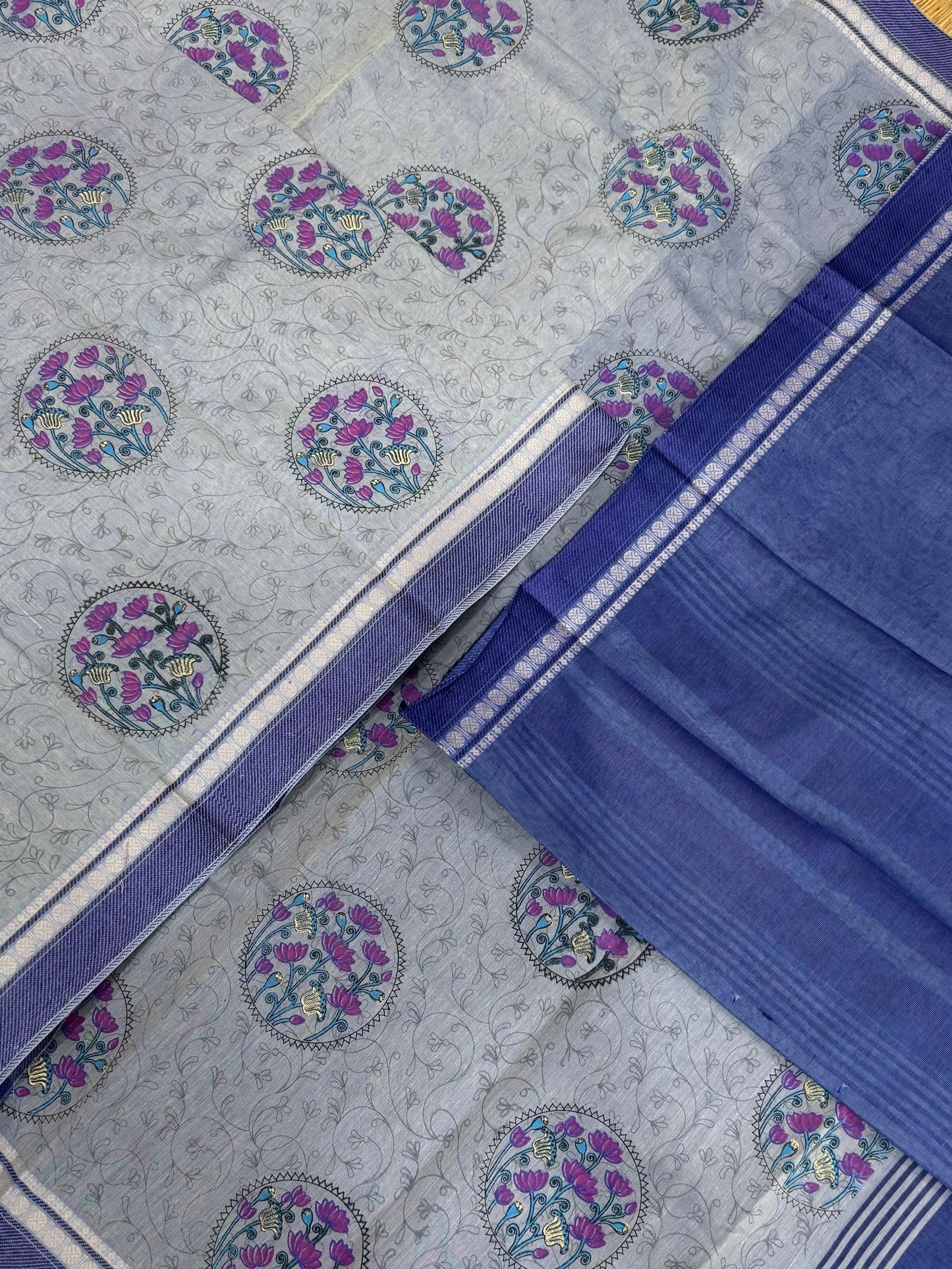 Kadhi soft Cotton | pastel blue X blue | thread border X floral