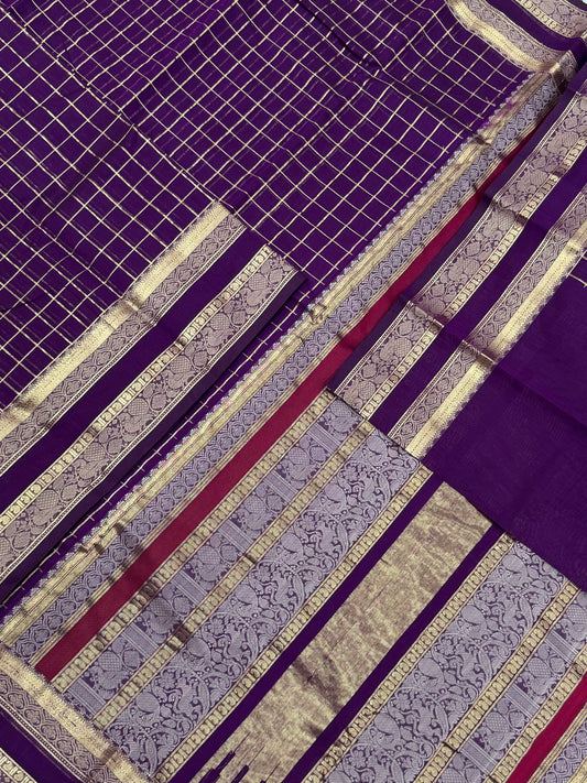 Kanchi handloom rich cotton |kattam X yaanai mayil border | violet x zari