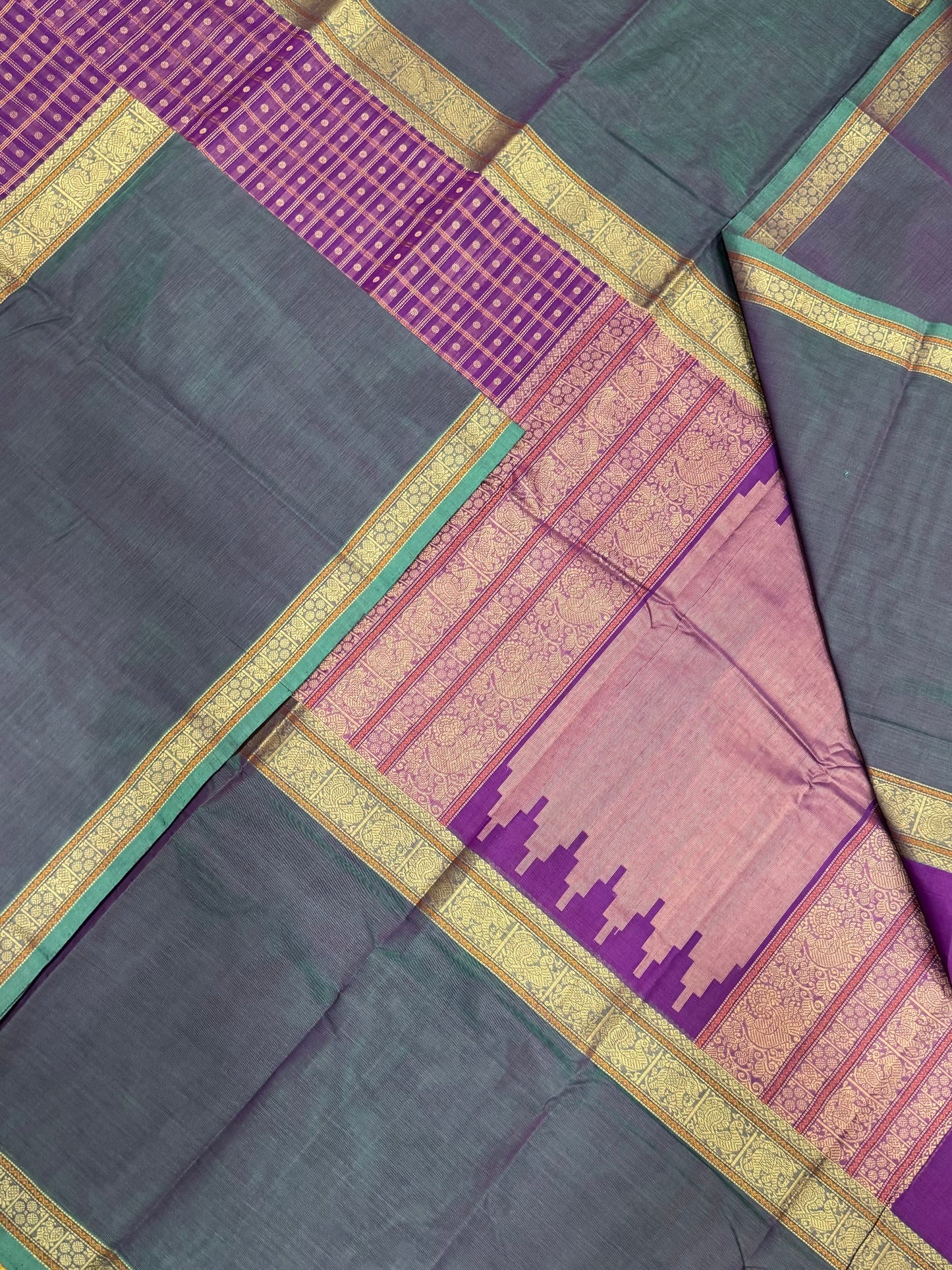 Pure Handloom Kanchi rich Cotton Saree | 1000 butta X  muppagam | violet X blue | intricate rich thread woven Pallu