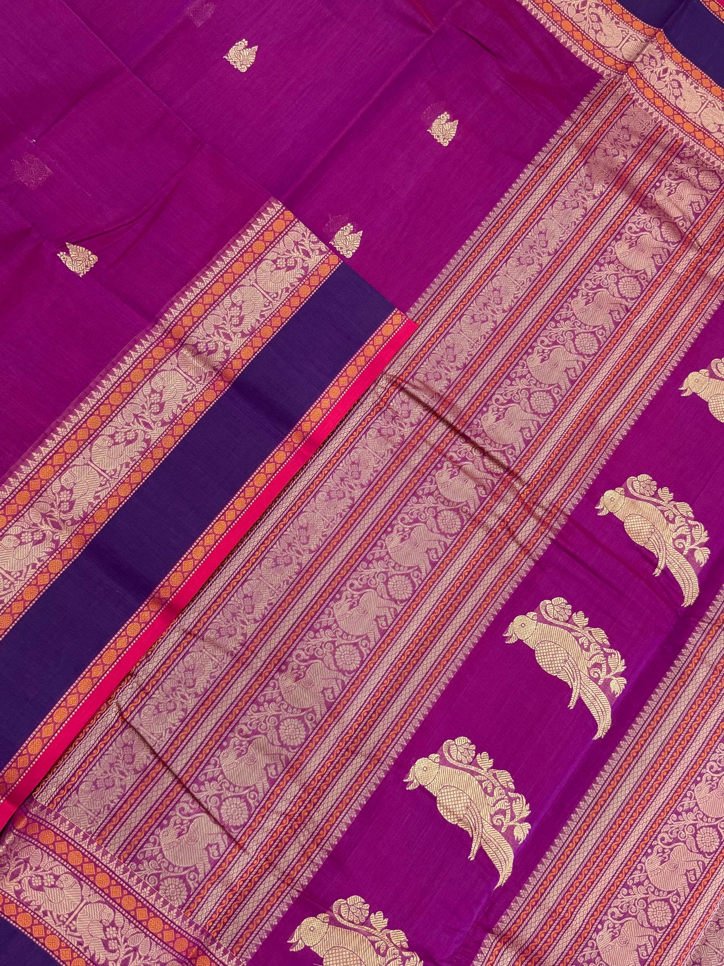 Pure Handloom Kanchi rich Cotton Saree | thread border X parrot border| magenta X violet | intricate thread parrot woven Pallu