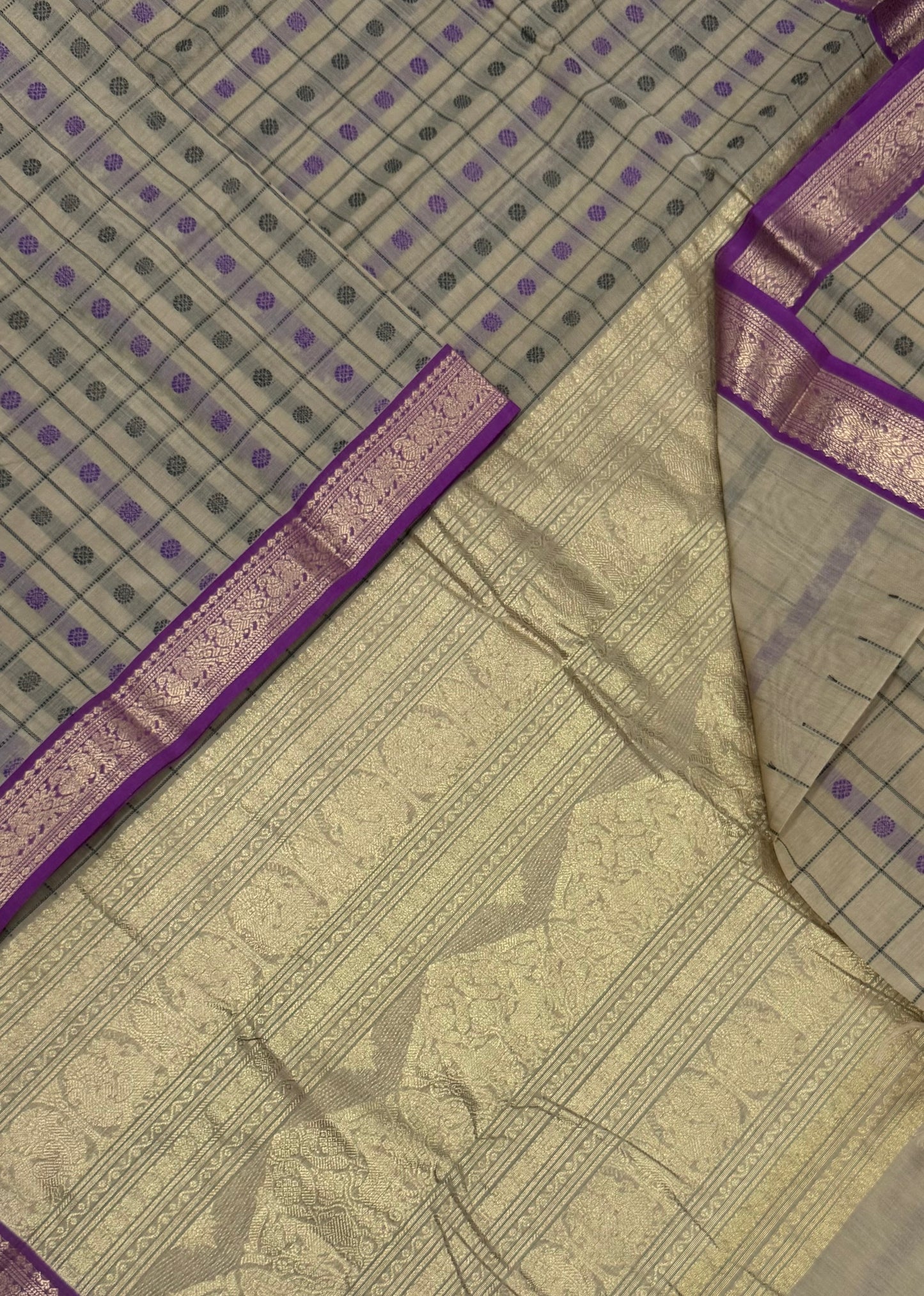Pure Handloom Kanchi rich Cotton Saree | tiny Zari border X 1000 butta | pastel cream X violet | | rich Zari woven Pallu