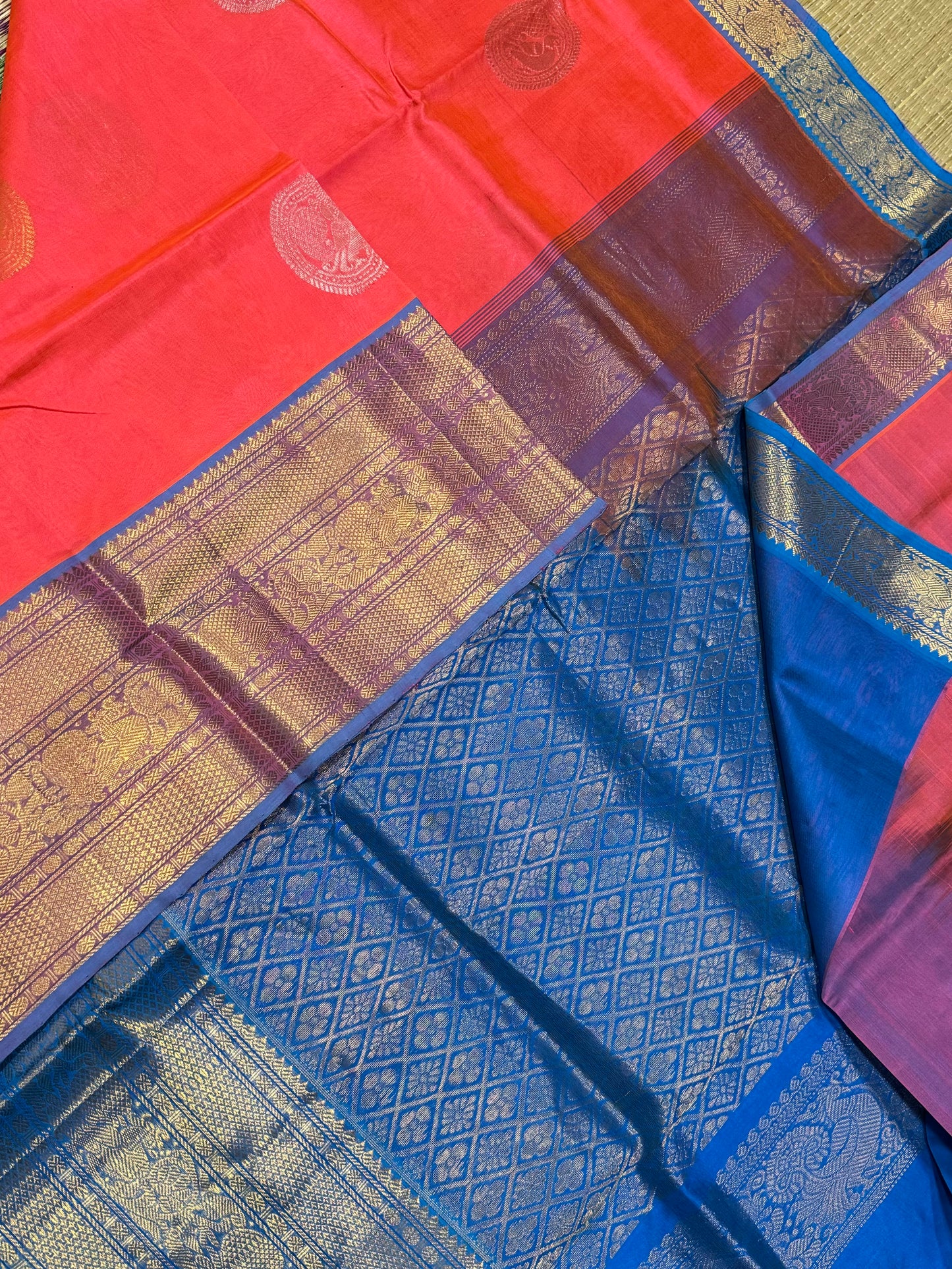 Kanchi Silk Cotton Sarees | silk cotton | peach orange X blue border | one side long Zari border