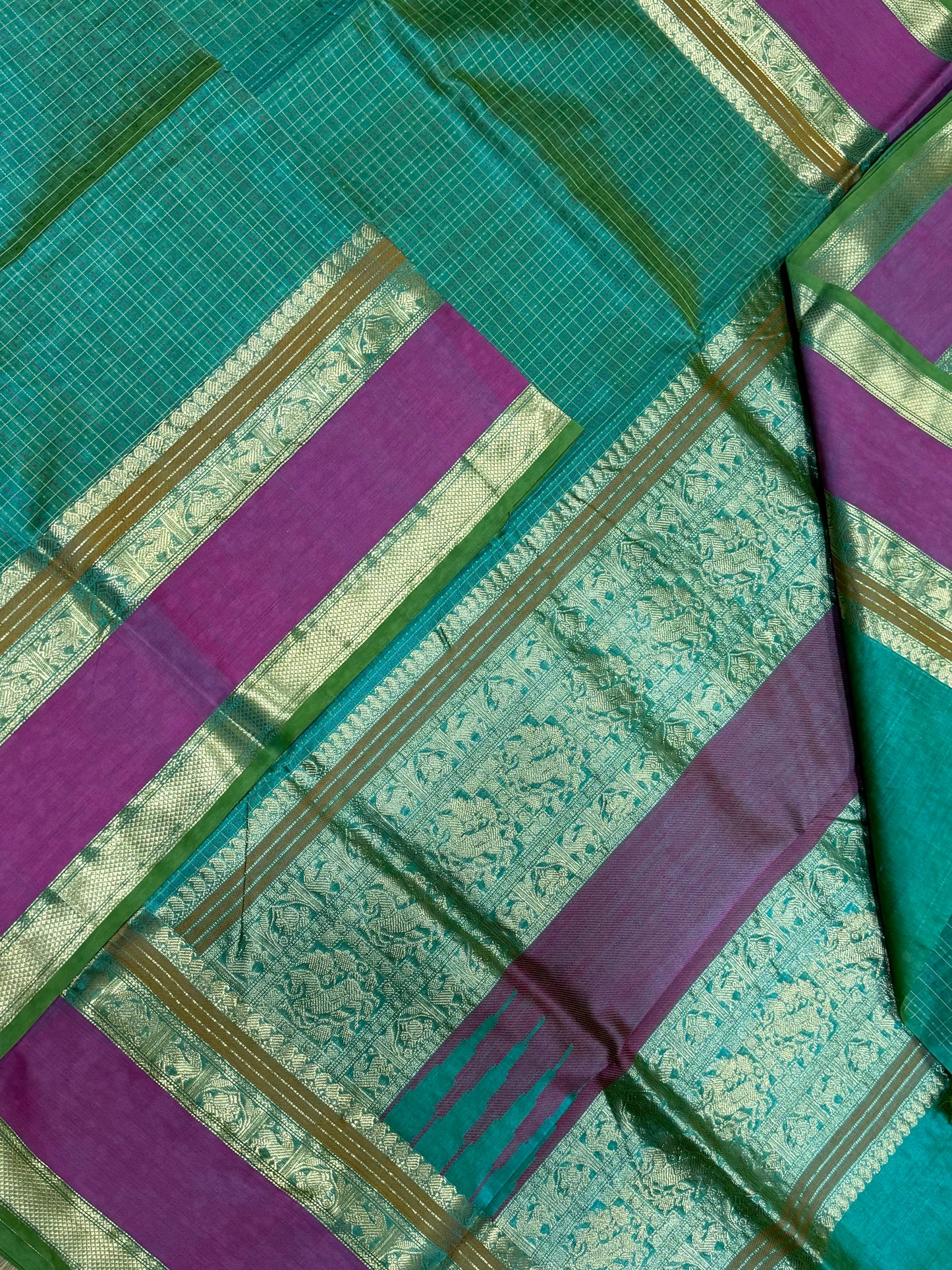 kanchi silk cotton | 1000 BUTTA X rettaipet border | twotone teal light green x pink