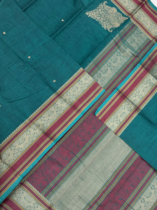 Pure Handloom Kanchi rich Cotton Saree | thread border X  corner butta| cyan blue | intricate thread woven Pallu