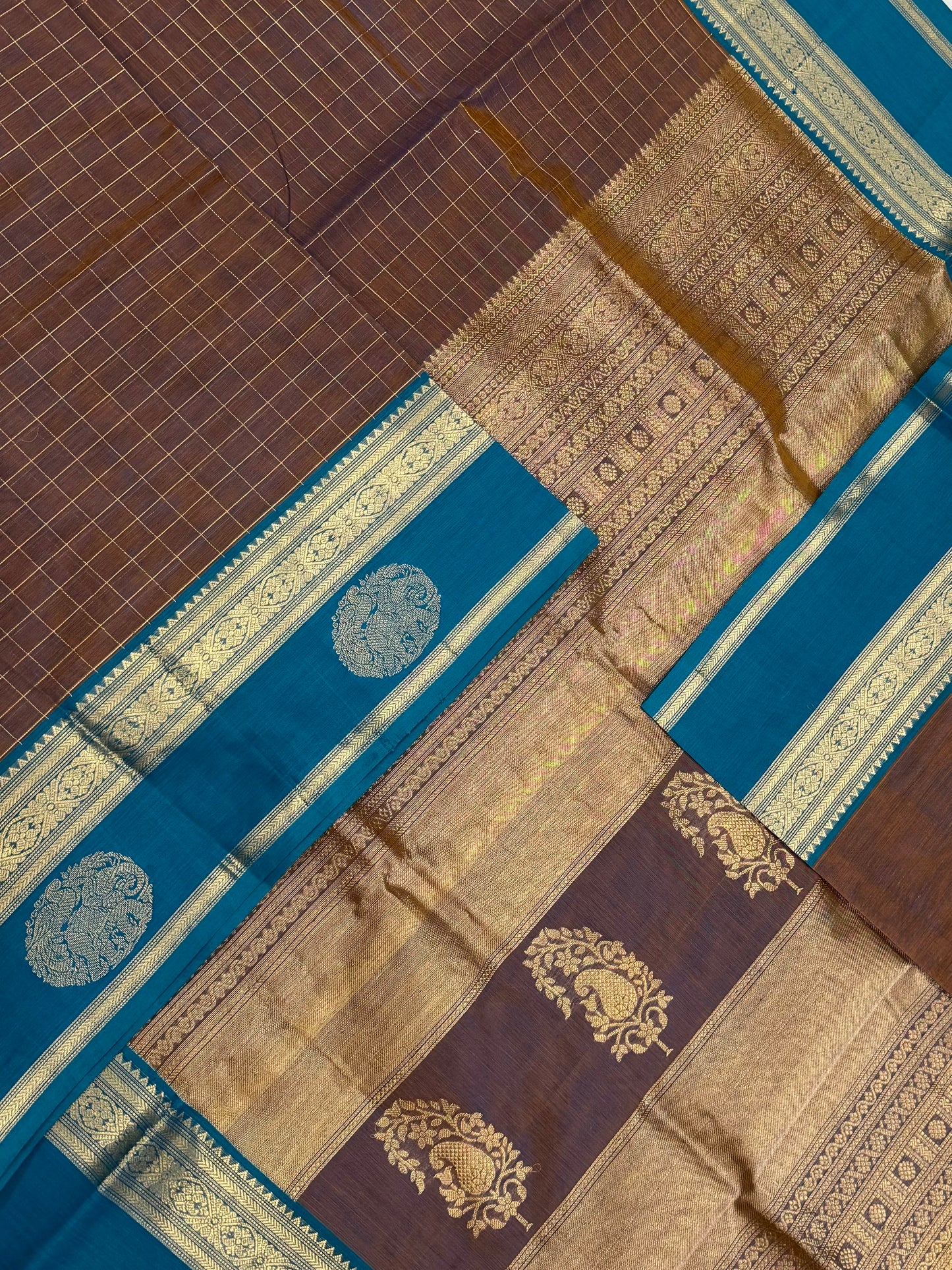 Kanchi Silk Cotton Sarees | kattam x yaanai mayil Zari border | twotone brown x sky blue zari border | NKV20