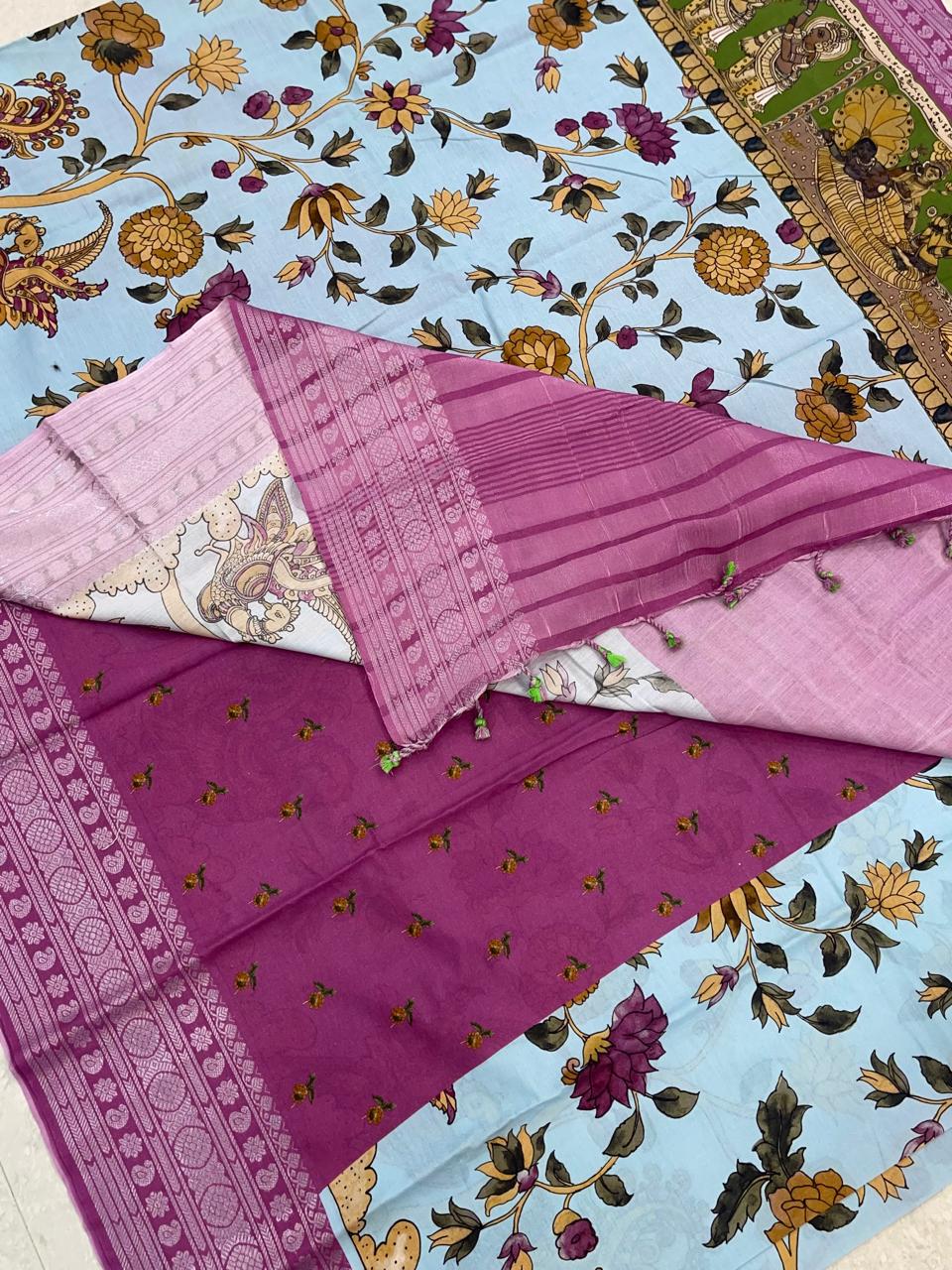Ponduru soft Cotton silk | storytelling saree X floral| blue X pink |NKV27