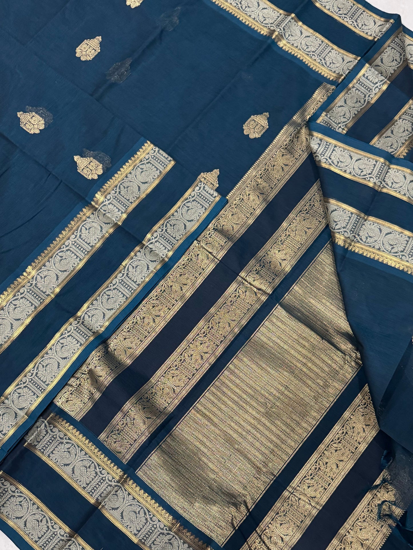 Pure Handloom Kanchi rich Cotton Saree | thaer butta X  zari | cyan blue X gold | intricate rich zari woven Pallu