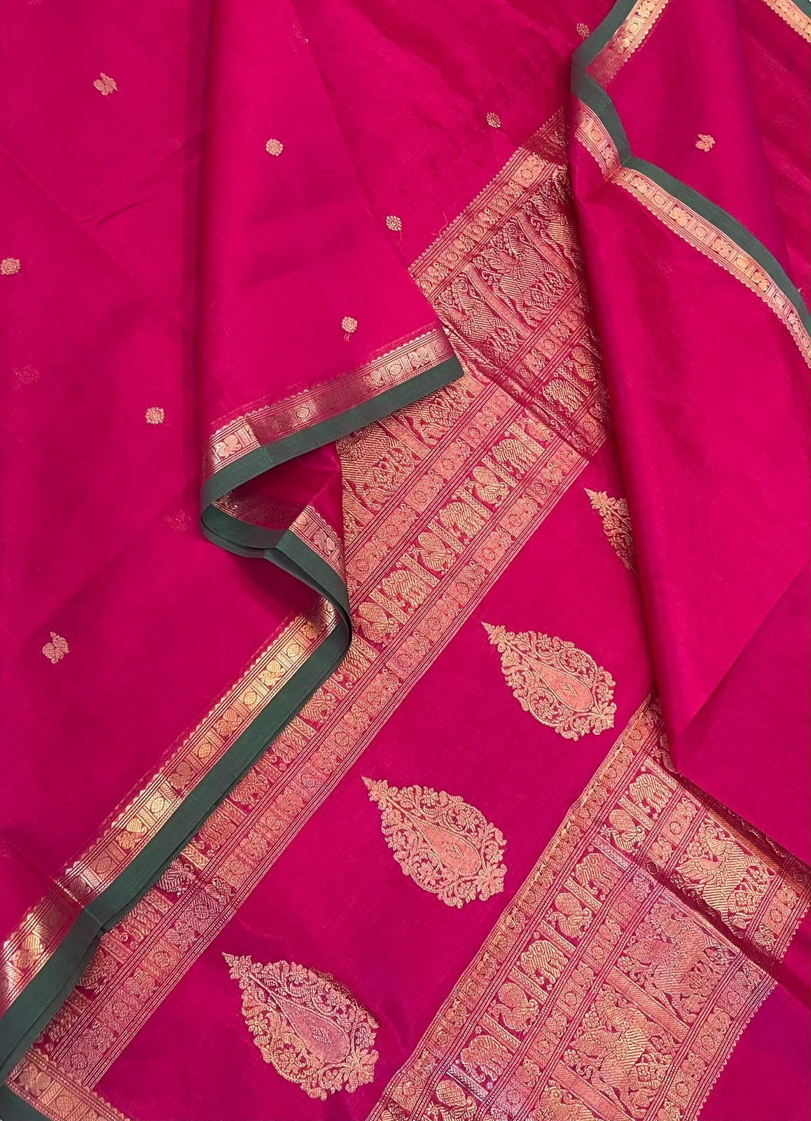 Kanchi Silk Cotton Sarees | luxury silk cotton | tiny border | pink x green