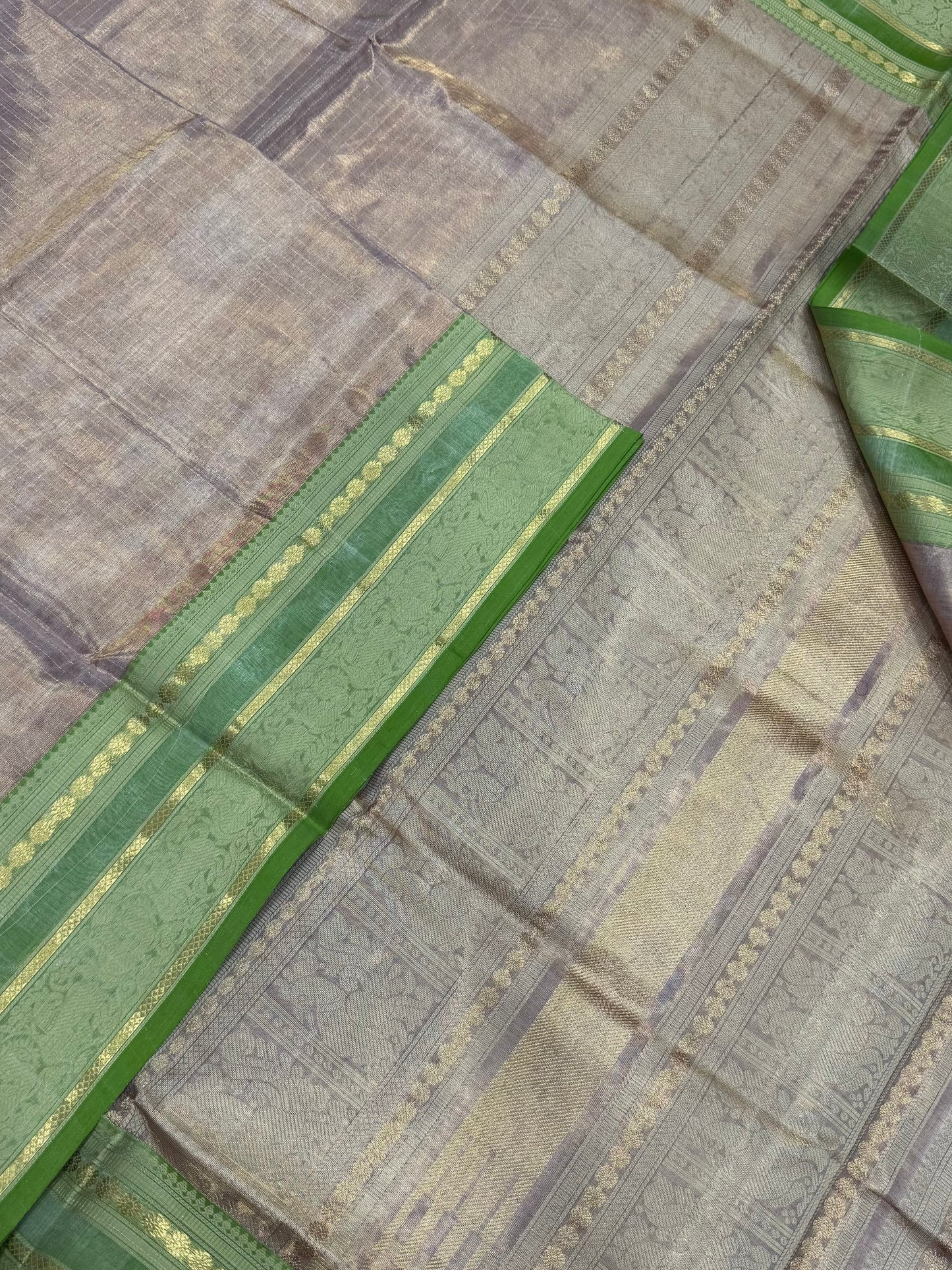 Kanchi Tissue Silk Cotton Sarees | shiny beige X green | NKV100