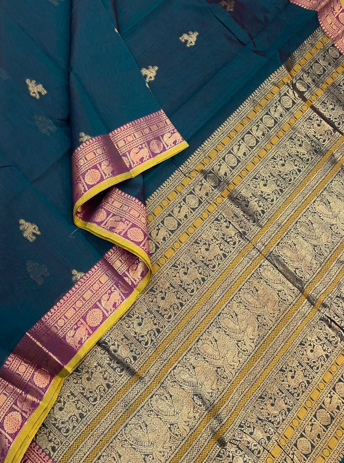 Kanchi mercerised soft cotton |rich zari border x maan butta| blue x manjal| MC10