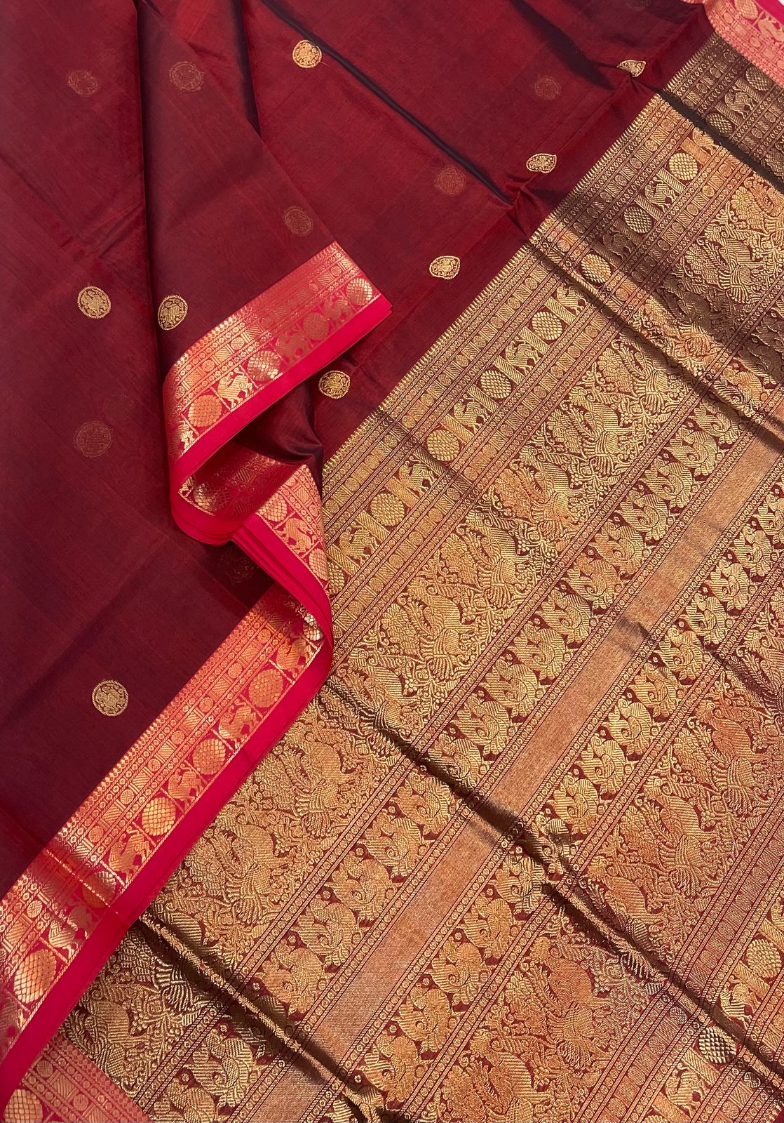 Kanchi Silk Cotton Sarees | luxury silk cotton | aaraku (marron) X red | NKV09