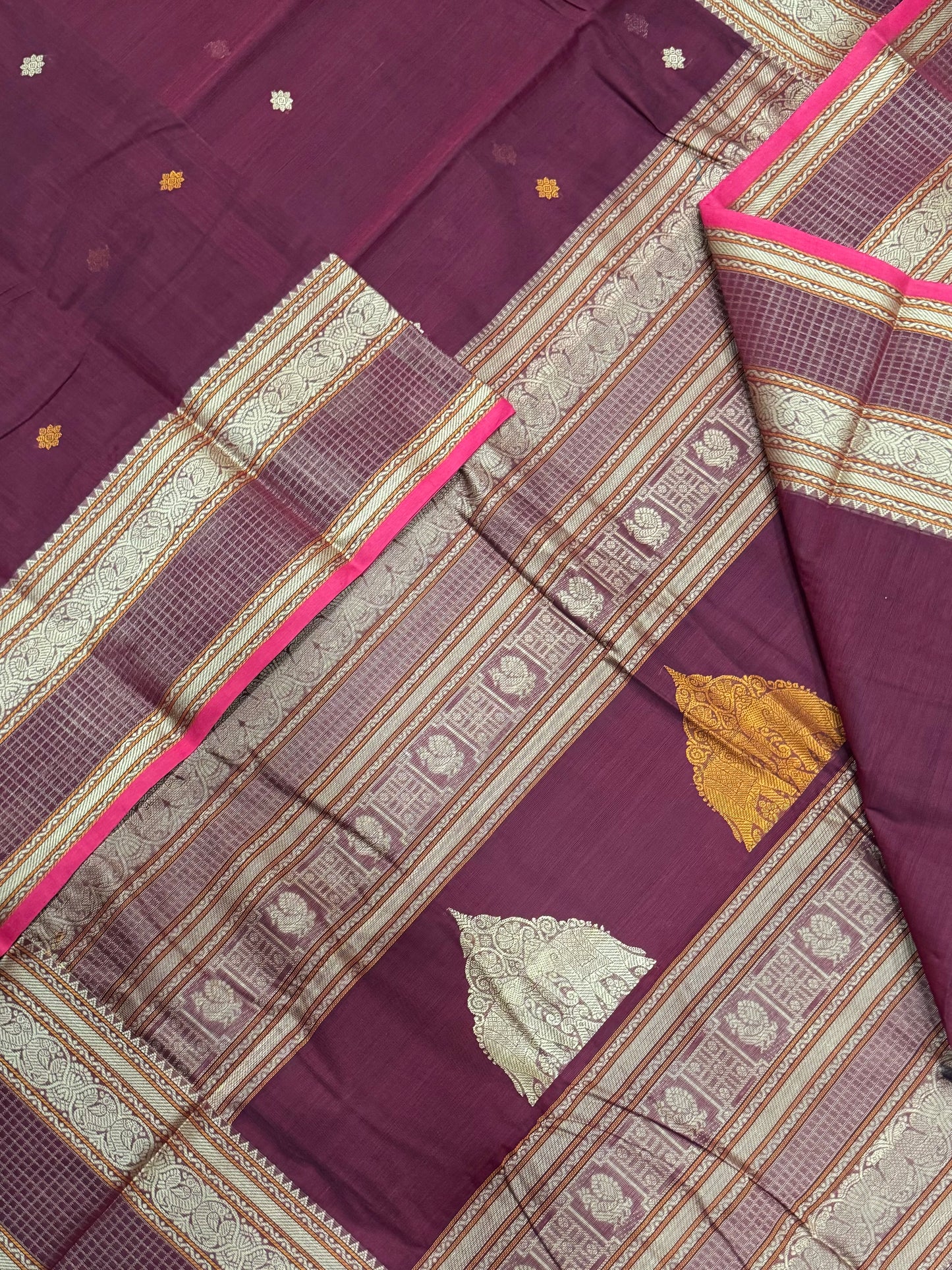 Kanchi handloom rich cotton |elephant palli motif X thread border | pastel grey x cyan blue