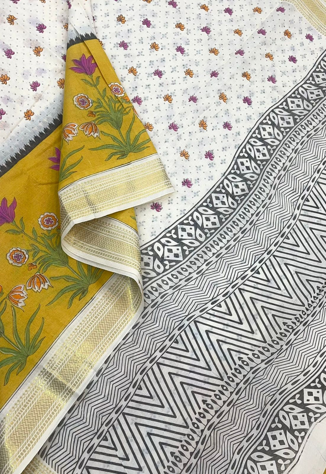 Premium soft cotton | white X mustard X Zari border | printed floral motif