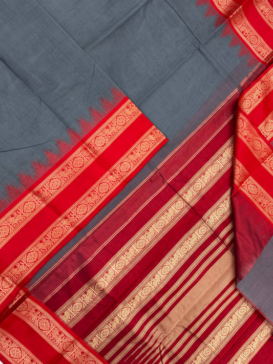 Pure Handloom Kanchi rich Cotton Saree | cotton body X silk border | grey x red | rettaipet temple border | NKV12