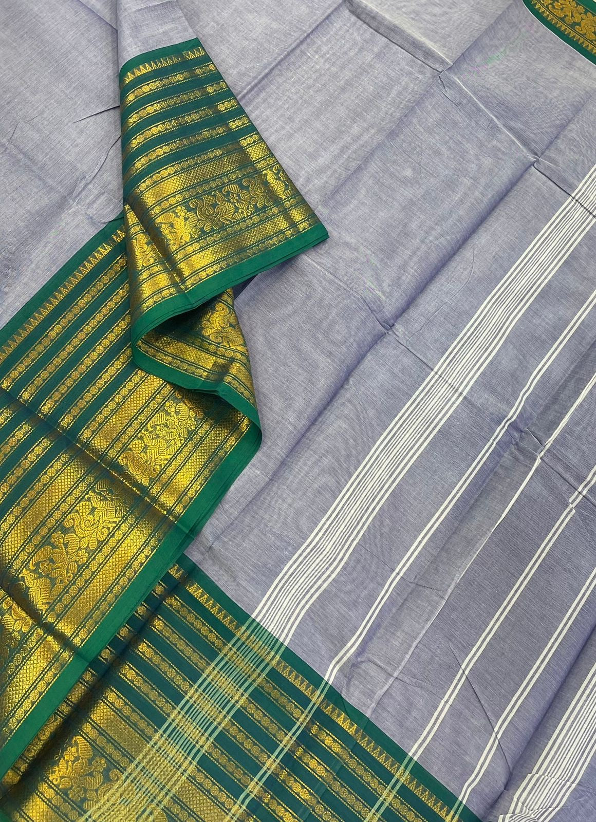 Kanchi soft cotton | pastel blue x cyan green | zari long border