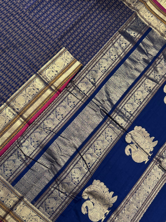 Pure Handloom Kanchi rich Cotton Saree | blue X red | 1000 BUTTA x mayil zari pallu