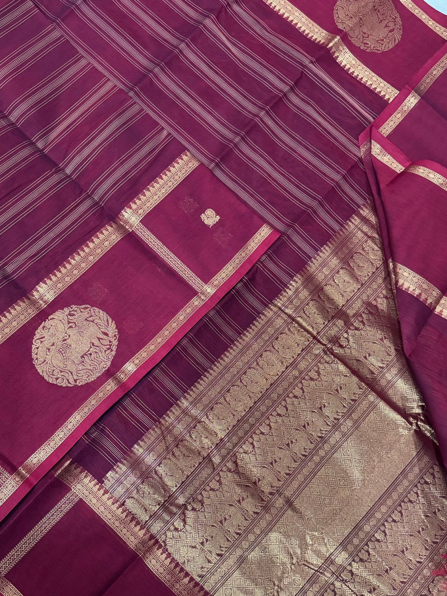 Pure Handloom Kanchi rich Cotton Saree | veldhari x gomadha butta X  mayil | marron X gold | intricate rich thread woven Pallu