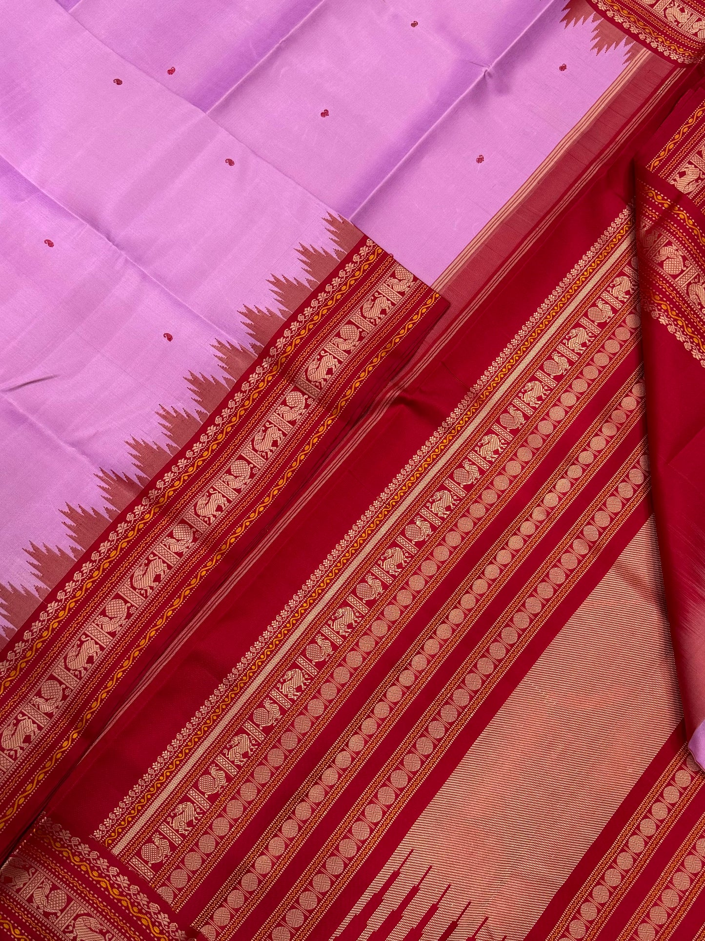 Pure Kanjivarams | pink violet X red | yhazli mayil | Handwoven luxury x 4 ply | zero Zari Korvai