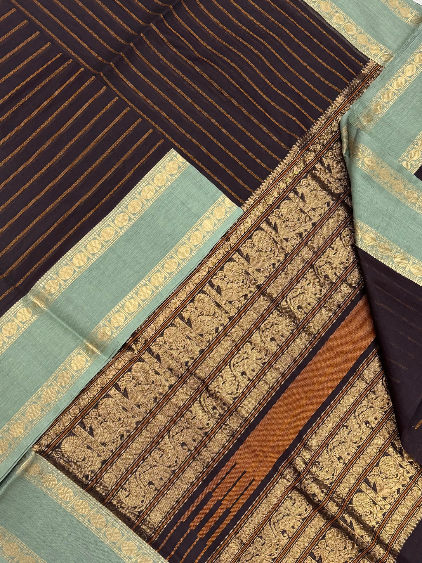 Kanchi Silk Cotton Sarees | veldhari X rettaipet |dark brown X teal