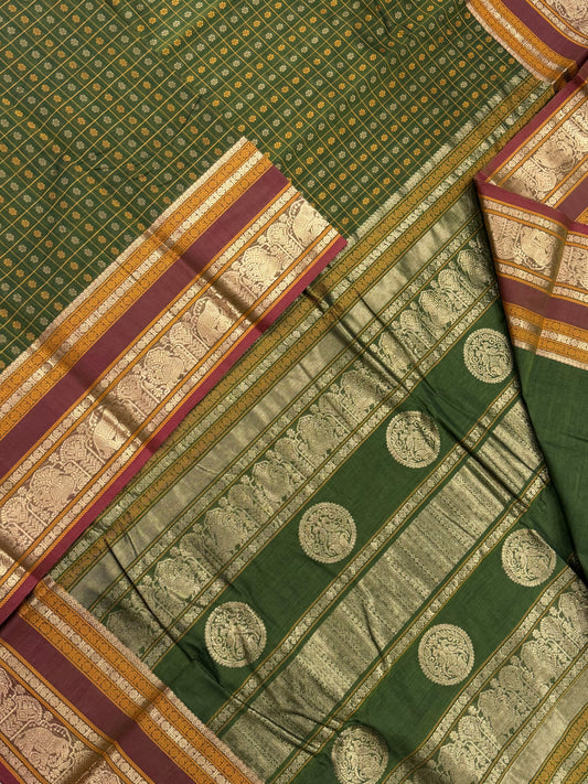 Pure Handloom Kanchi rich Cotton Saree | leaf light green X orange | 1000 BUTTA x Zari