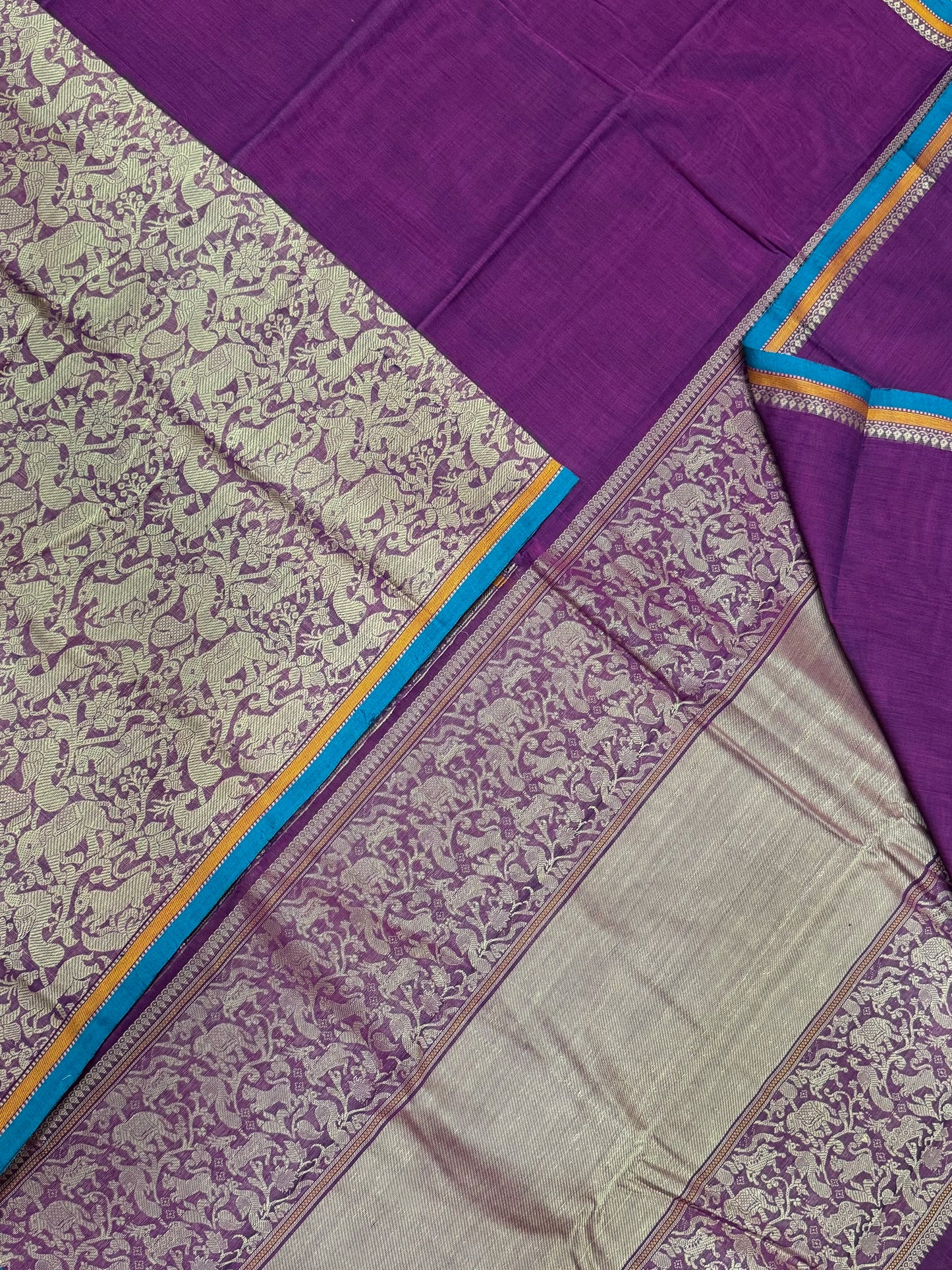 Pure Handloom Kanchi rich Cotton Saree | thread woven X araibagam X vanasingaram | burgundy X blue | intricate rich thread woven Pallu