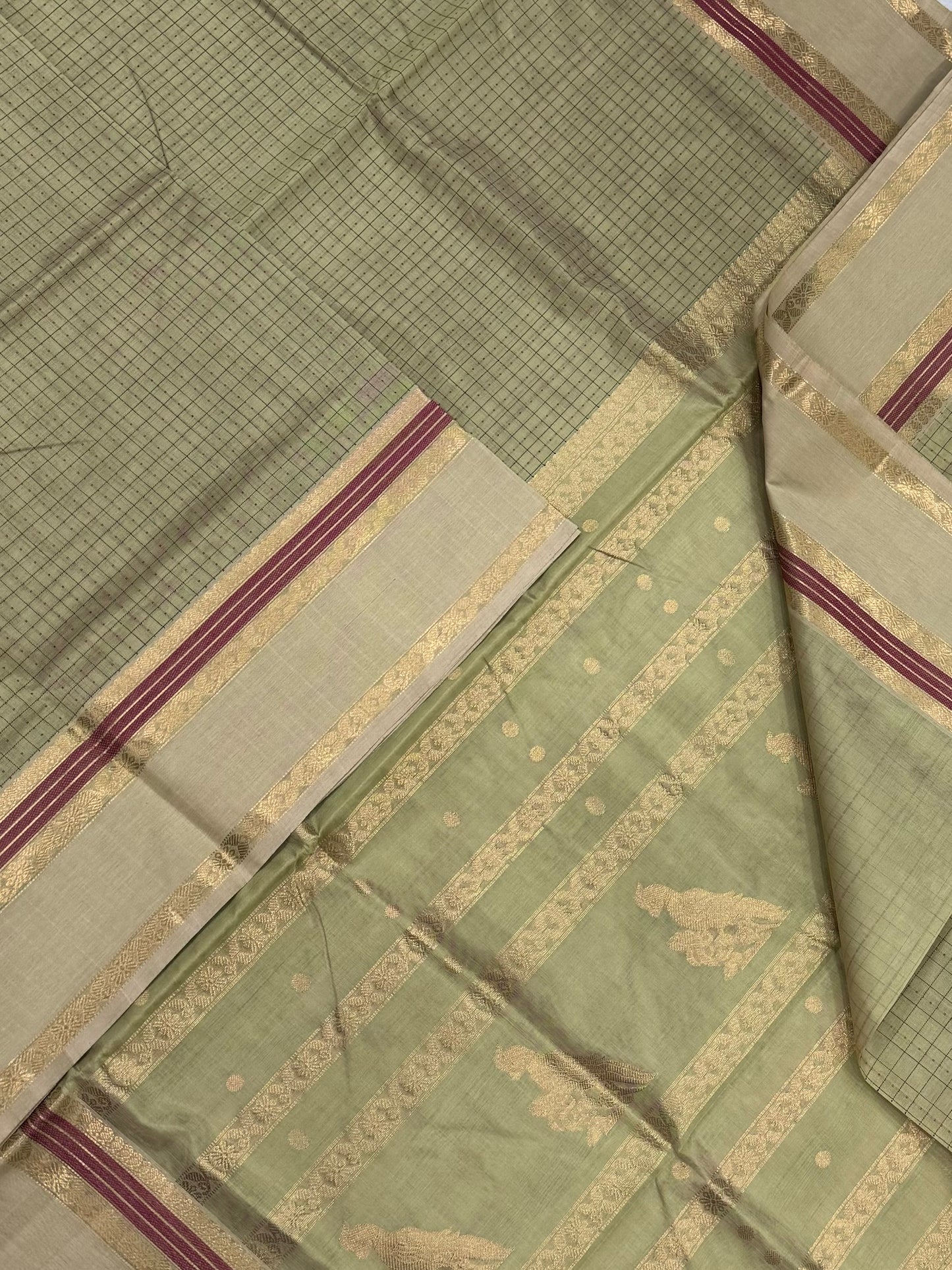 Kanchi Silk Cotton Sarees | 1000 BUTTA x killi pallu | pastel green X red | NKV31