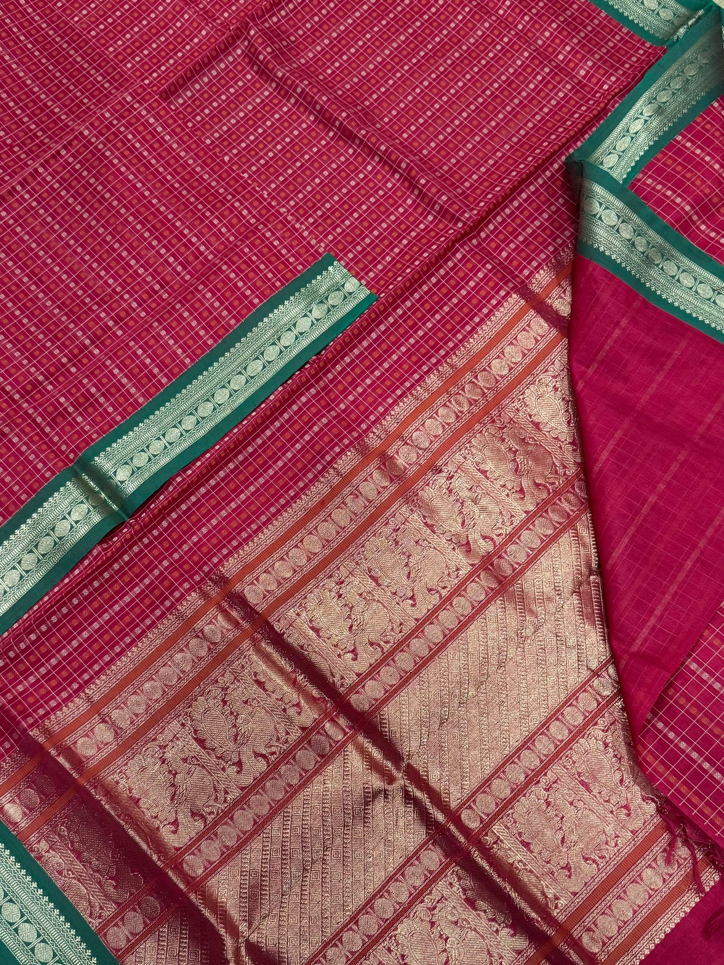 Kanchi Silk Cotton Sarees | 1000 butta x small border | red X green