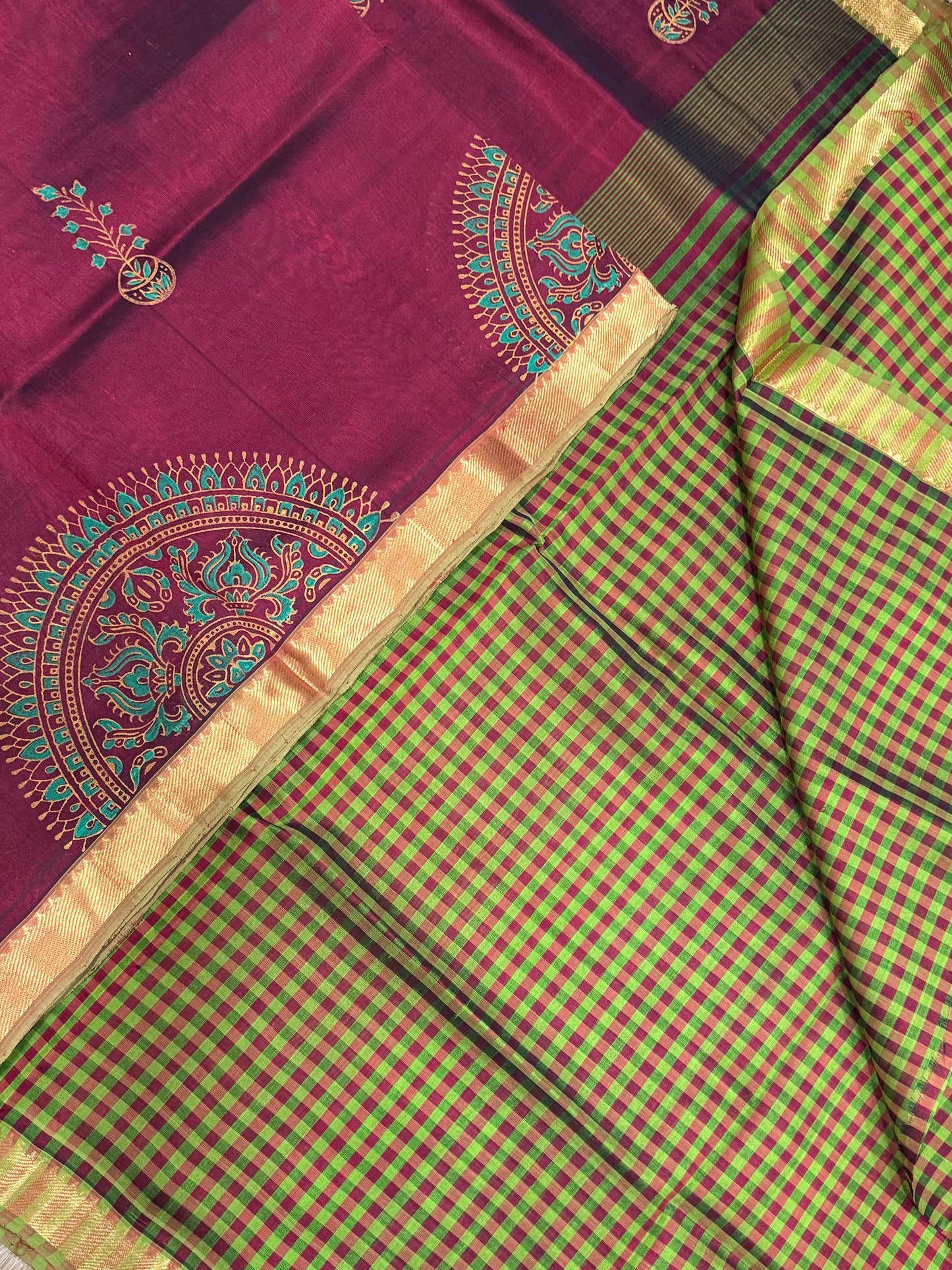 Kanchi Silk Cotton Sarees | block print | marron X KASA KASA kattam X tiny Zari border