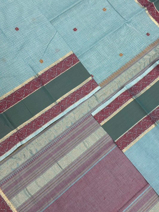 Pure Handloom Kanchi rich Cotton Saree | rettaipet border X podi Zari kattam butta | pastel blue X red | | rich thread woven Pallu