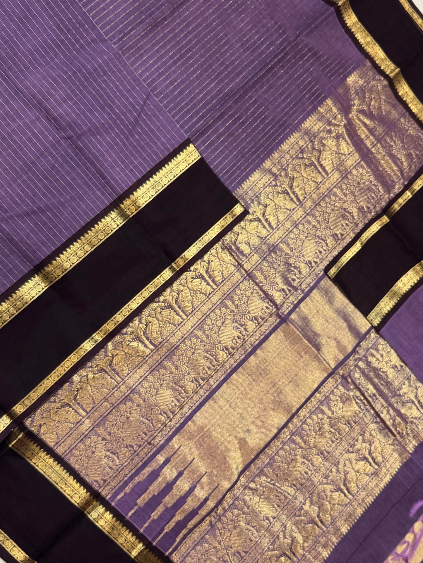 Pure Handloom Kanchi rich Cotton Saree | oosi vanam x lavender x brown