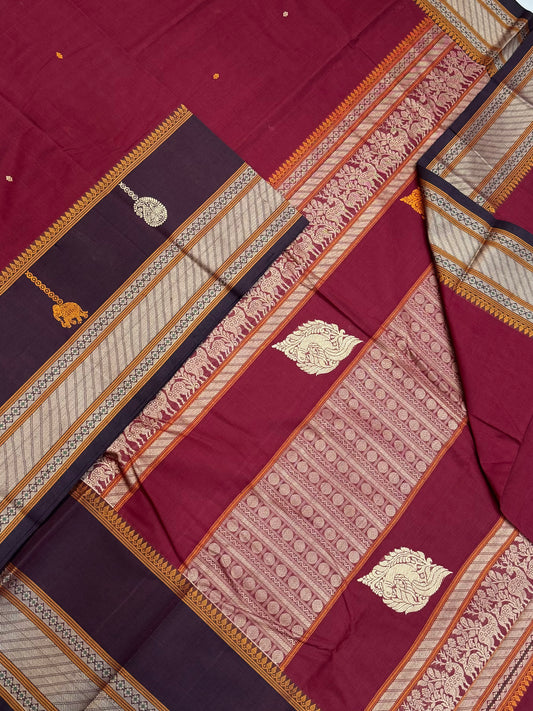 Pure Handloom Kanchi rich Cotton Saree | thread border |marron x coffee brown
