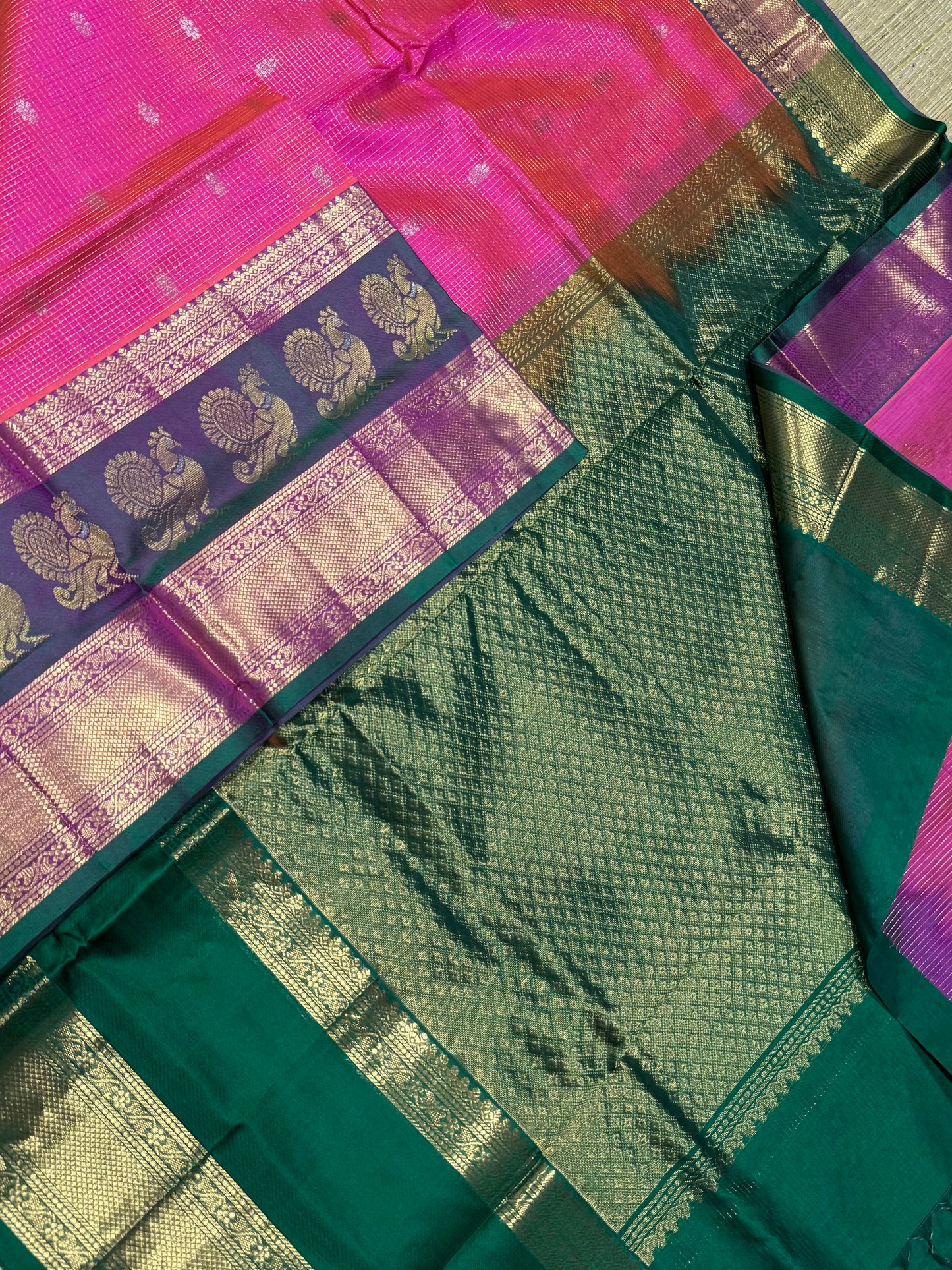 Kanchi Silk Cotton Sarees | luxury silk cotton | pink X green border | Zari muthukattam