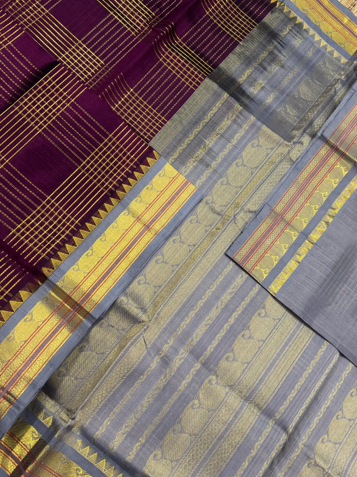 Korvai Kanchi Silk Cotton Sarees | wine x grey | 2x2 kattam X Zari | NKV31