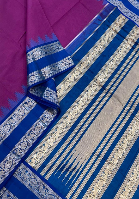 Pure Handloom Kanchi rich Cotton Saree | cotton body X silk border | vadamalli x blue | rettaipet temple border | NKV12