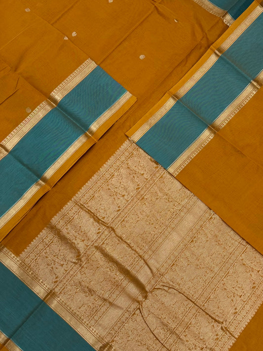 Pure Handloom Kanchi rich Cotton Saree | rettaipet Zari border X Zari mini butta | Manjal X blue | rich Zari woven Pallu