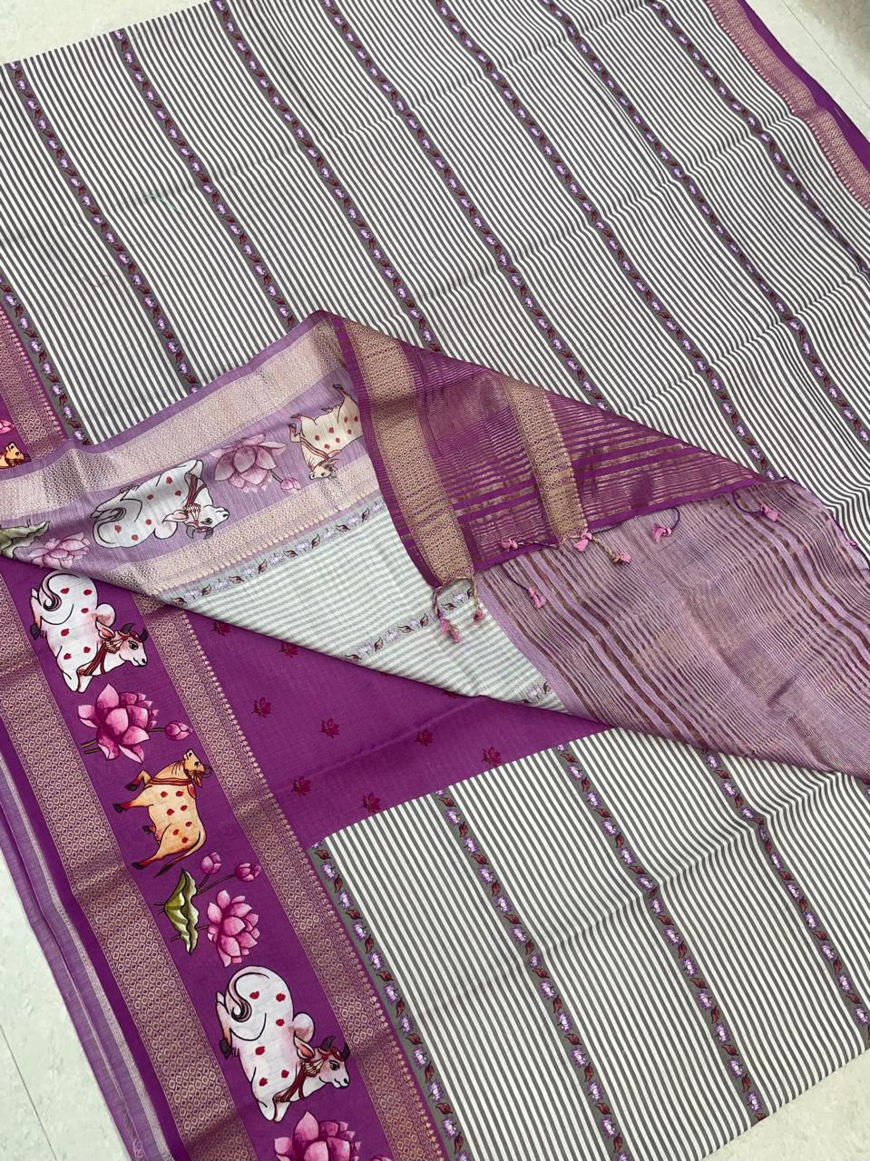 Premium Chanderi silk | pichwai lotus x zari border | majenta pink | NKV24