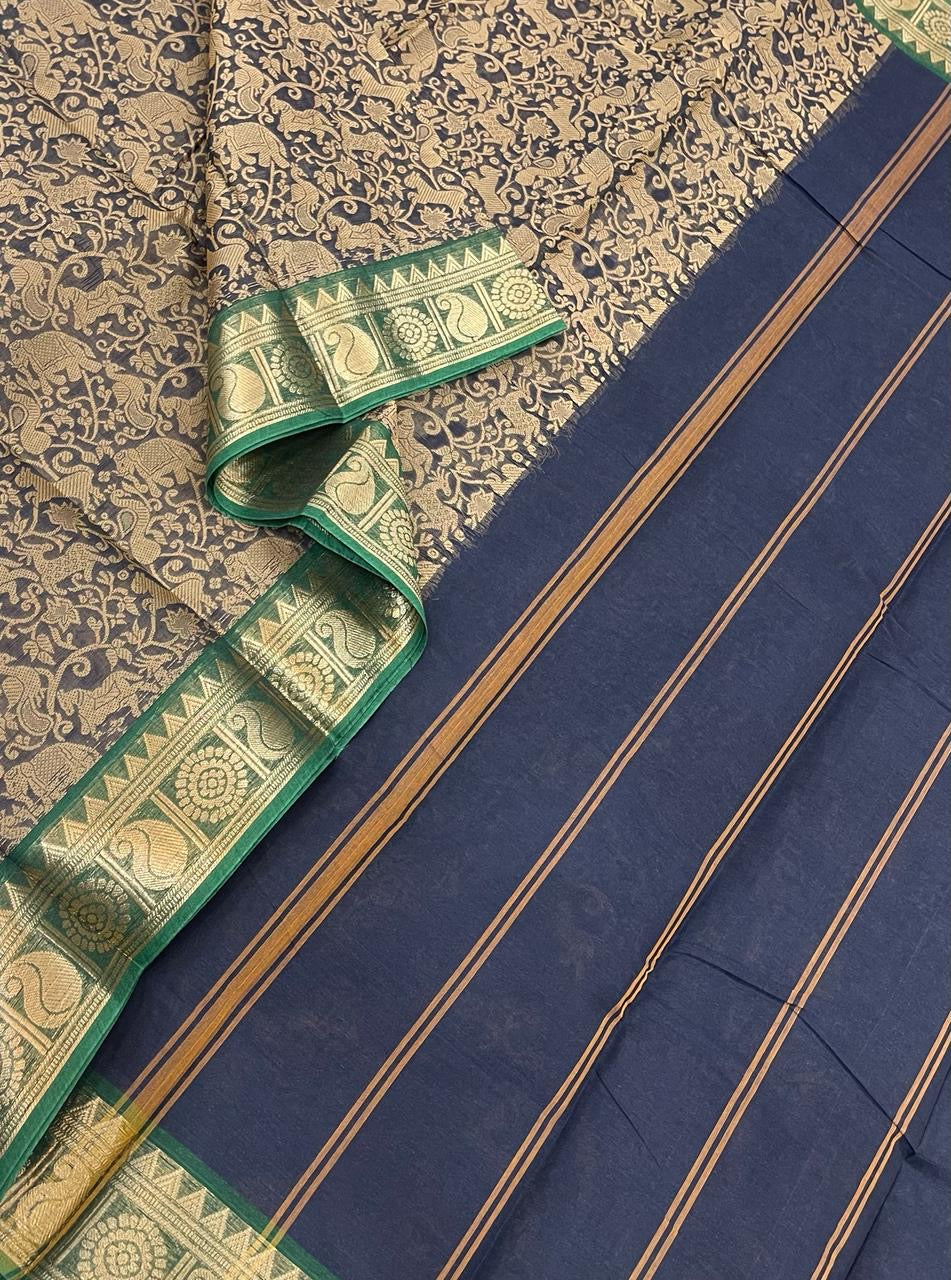 Kanchi soft cotton | navy blue X green | vanasingaram X Zari border