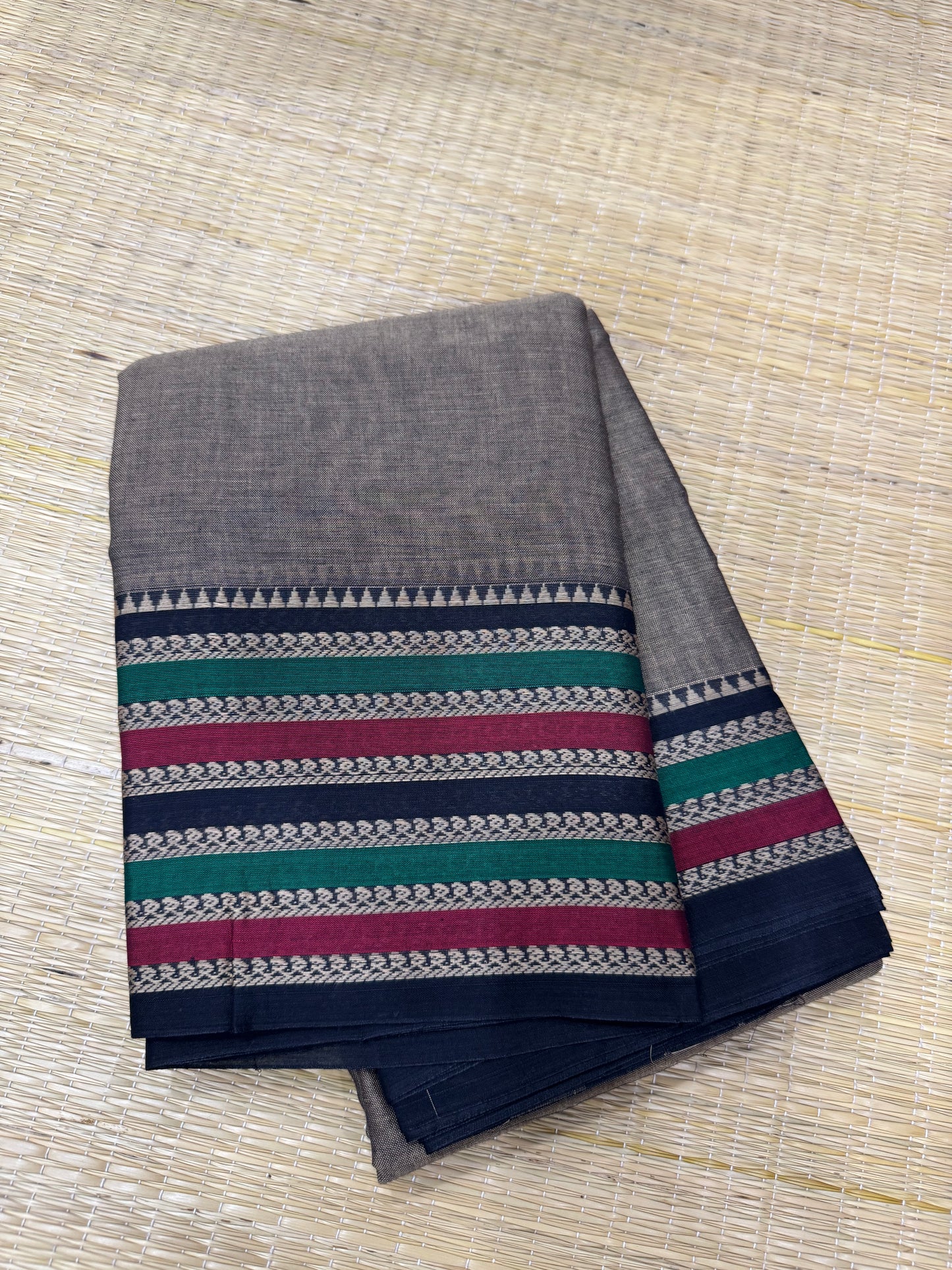 Narayanpet soft cottons |triple color border| grey X multi